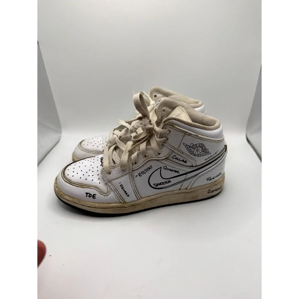 Nike Air Jordan 1 Mid GS Schematic DQ1864-100 Kid 4.5 Sneaker White Leather Shoe